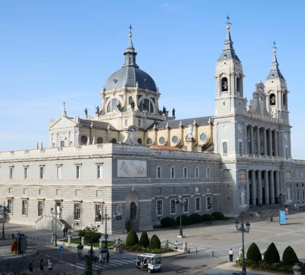 Front view of the Almudena Cathedral in Madrid