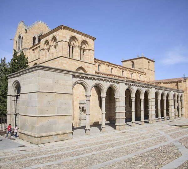 Romanesque facade of the Basilica of San Vicente in Ávila, Spain