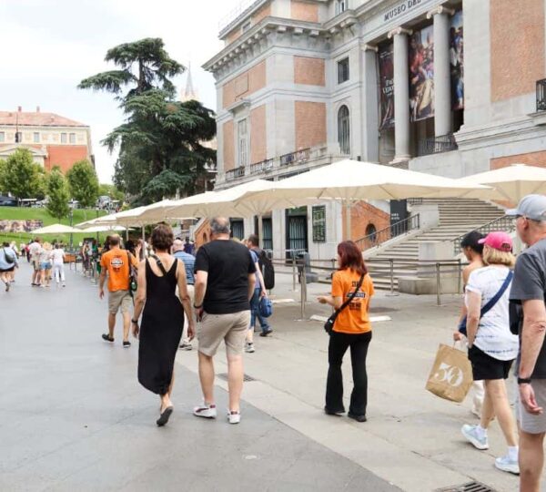 Small group exploring central Madrid on a private walking tour