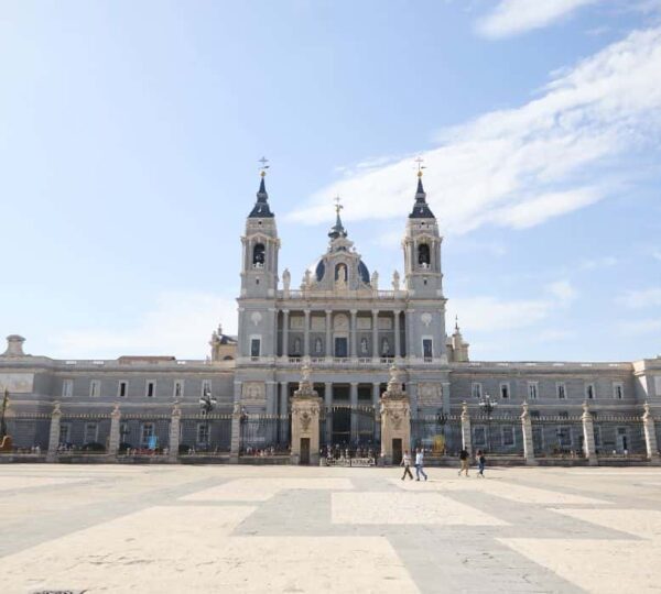 Royal Palace and Almudena Cathedral seen together from the square in Madrid