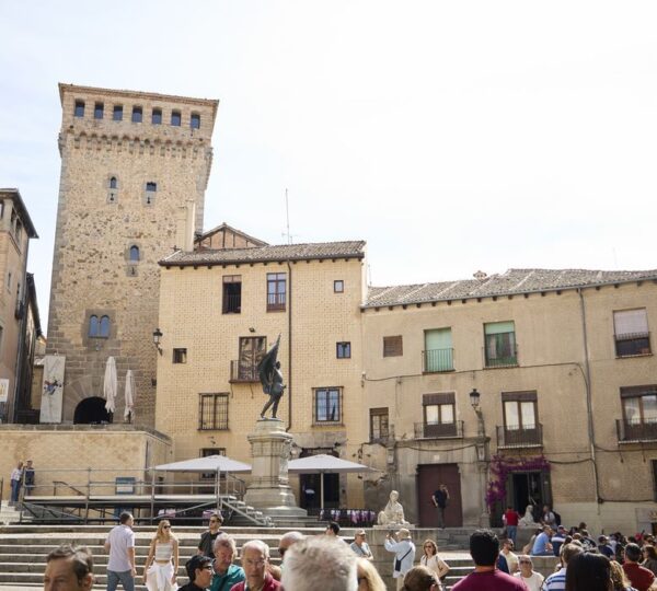 Medieval plaza and tower in the old town of Segovia, Spain
